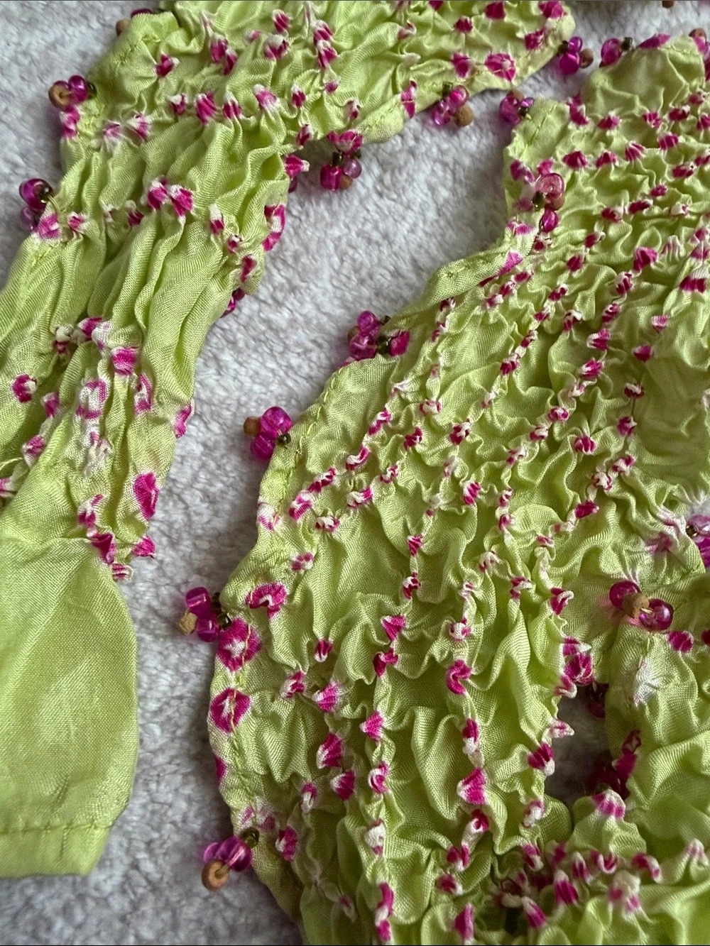 Light Green & Pink Beaded Ruffled Silk Scarf - Tie Dye Scarf #629